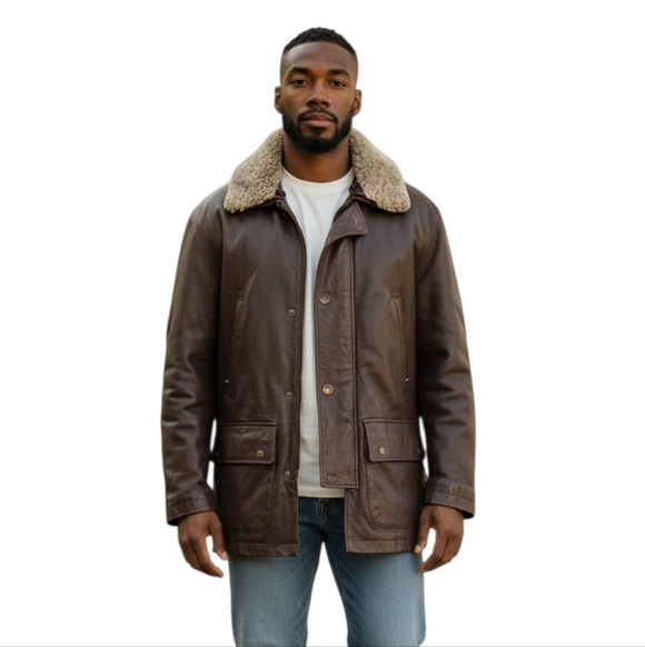 Banana Republic Brown Leather Rancher Zip Detachable Shearling Collar Jacket Med
